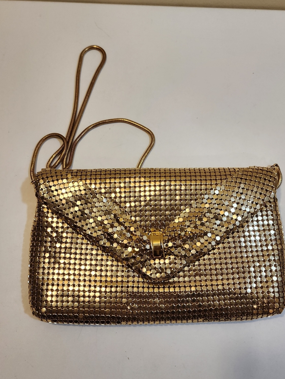 Gold Metallic Mesh Satchel Bag With Long Strap - Picture 7 of 14